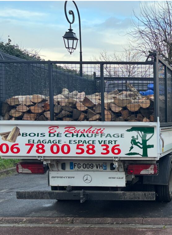 Camion benne B Rushiti chargé de bûches pour une livraison
